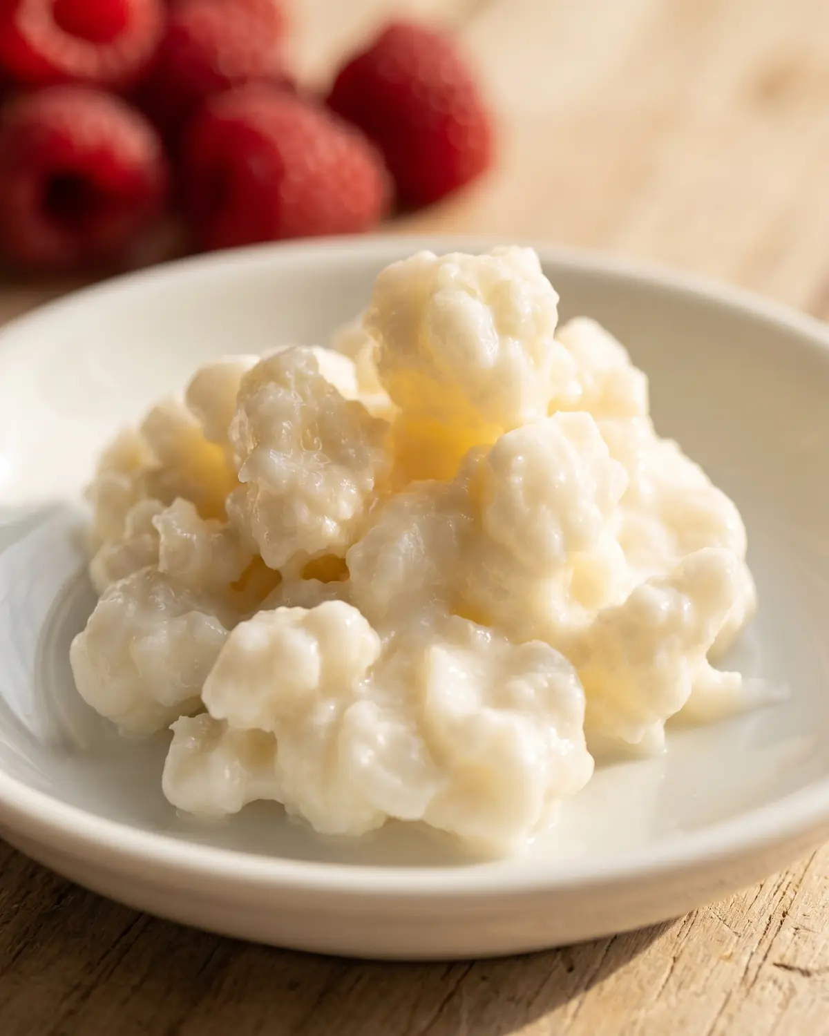 Milchkefir-Knollen auf einem wei&szlig;en Teller mit Himbeeren im Hintergrund und hellem Holz.