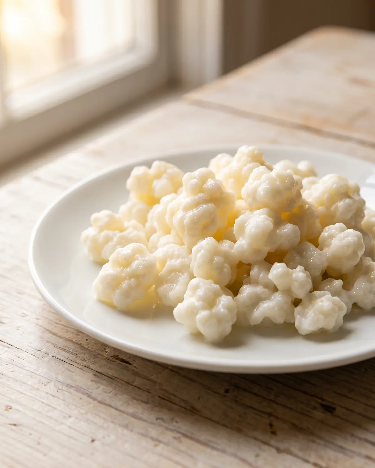 kefir blutzucker Kefirknollen auf einem weißen Teller in Nahaufnahme, mit Himbeeren im Hintergrund und hellem Holz als Unterlage.