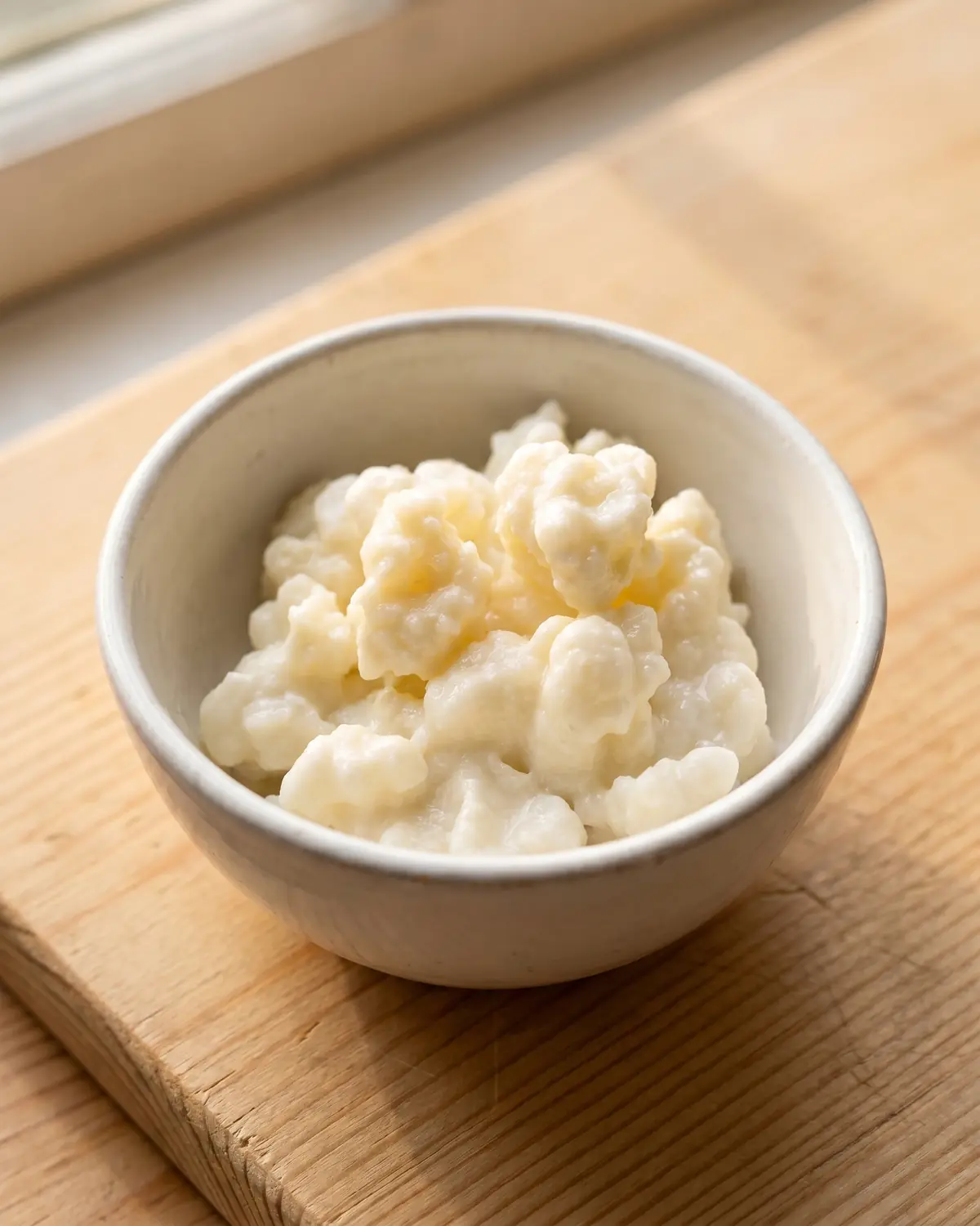 kefir erhitzen Makroaufnahme von unregelmäßigen Milchkefir-Gränulen in einer weißen Schale mit cremiger Struktur