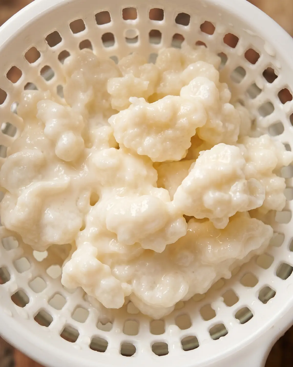 kefir in der stillzeit Cremeweiße Milchkefirknollen liegen im weißen Sieb, zwischen den Hohlräumen haften dicke Tropfen.