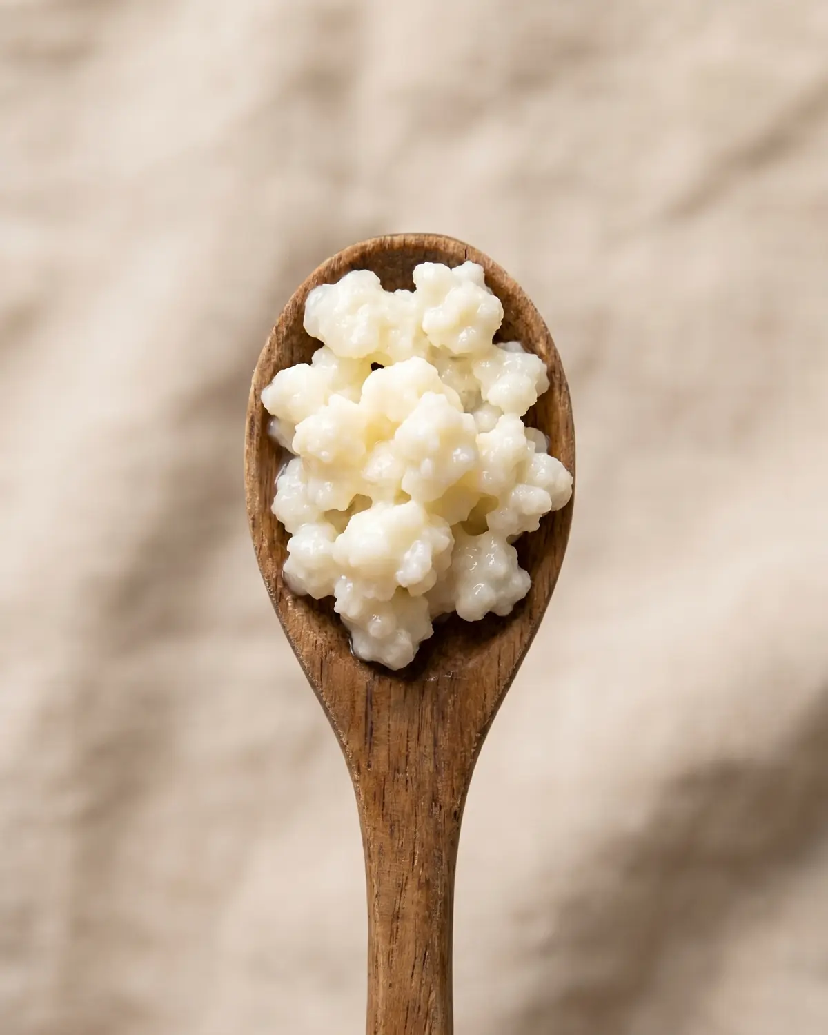 kefir rezepte herzhaft Nahaufnahme von Milchkefir-Knollen in einem Holzlöffel, ideal als Basis für frische herzhafte Rezepte.