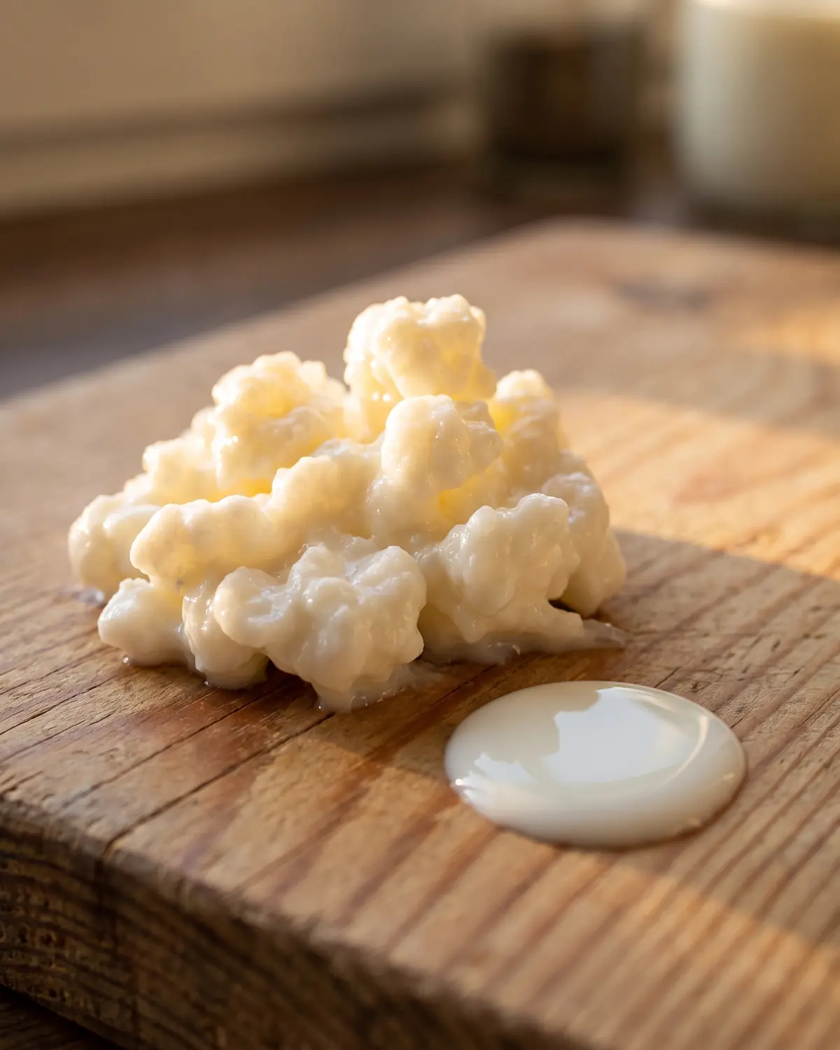 sodbrennen kefir Nahaufnahme einer Milchkefirknolle auf einem Kiefernbrett mit Milchtropfen im warmen Morgenlicht.