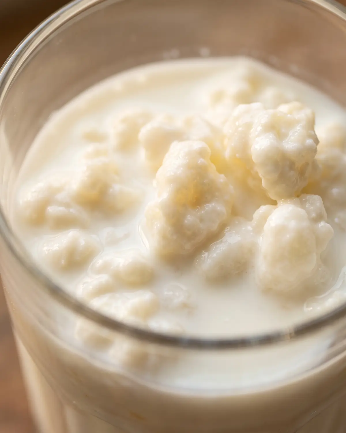 Milchwolken umh&uuml;llen frisch eingetauchte Kefir-K&ouml;rner in einem Glas aus naher, vertikaler Perspektive.
