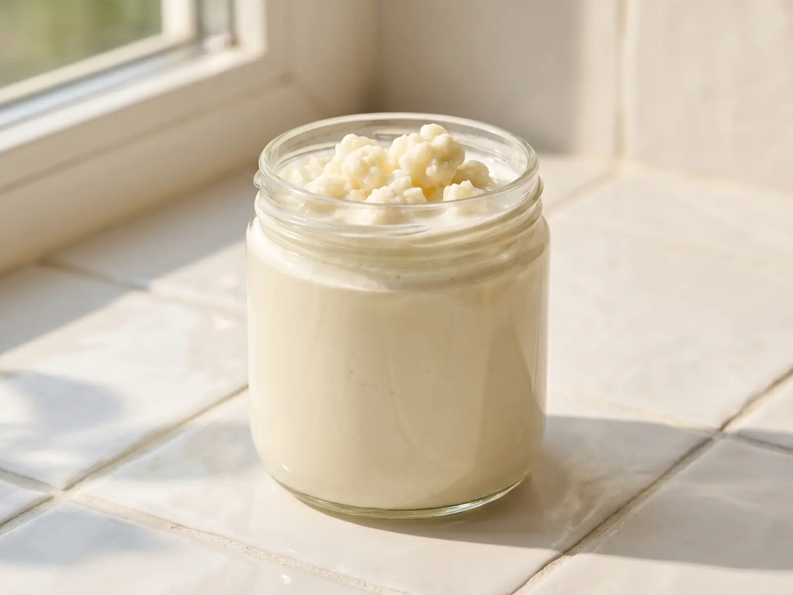 Ein sauberes Glas mit Milchkefir steht auf wei&szlig;en Fliesen im weichen seitlichen Fensterlicht.