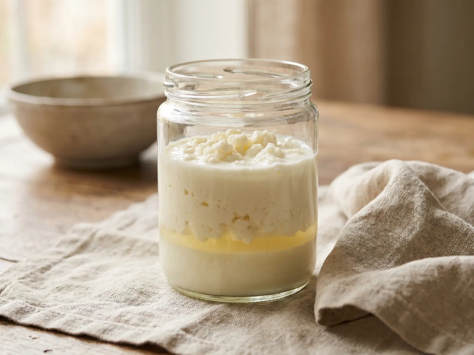 kefir bei histaminintoleranz Glas mit geschichtetem Milchkefir, sichtbarer Molkelinie und Leinentuch auf hellem Untergrund.