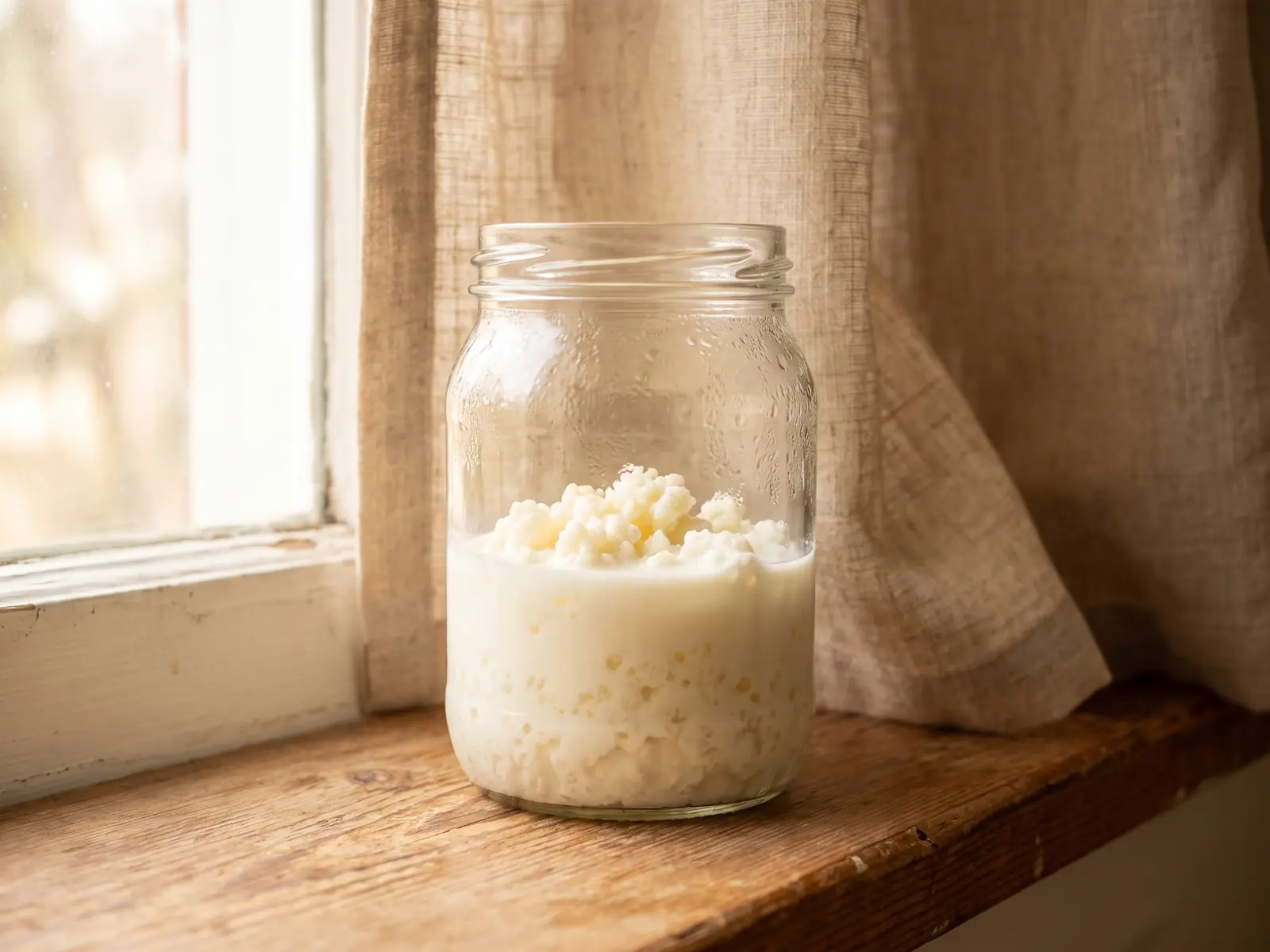was ist kefir genau Beschlagenes Glas mit Milchkefir am Morgenlicht, darin sichtbare Kefirknollen in cremiger Milch.