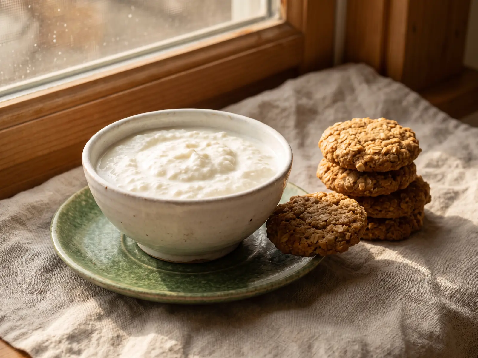 Hausgemachte Nachmittagsjause mit Milchkefir, Haferkeksen und gr&uuml;nem Teller auf hellem Leinen.