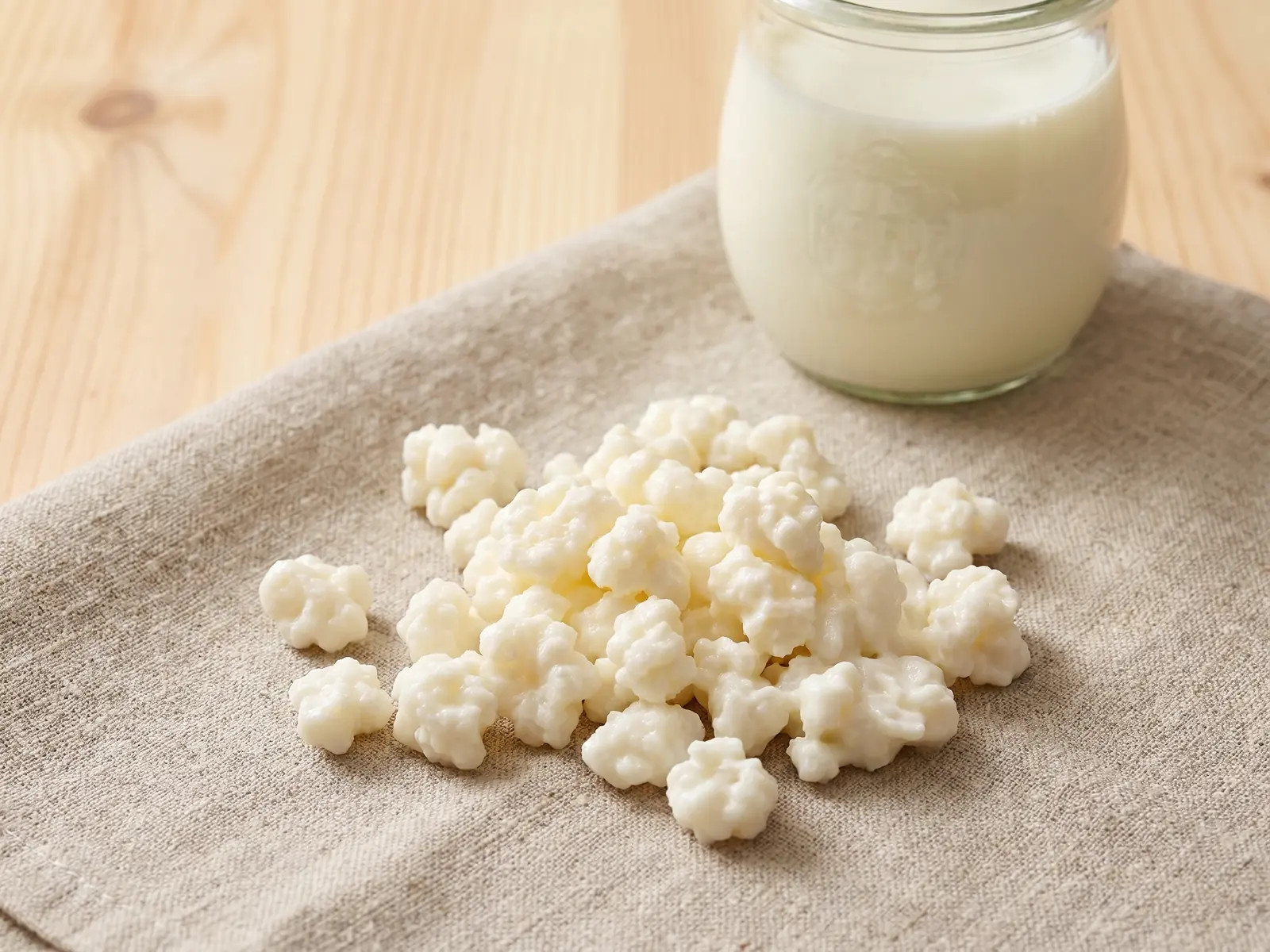 kefir shake abnehmen Cremeweiße Milchkefir-Knollen auf grobem Leinen, im Hintergrund ein unscharfes Glas Milch im Tageslicht.