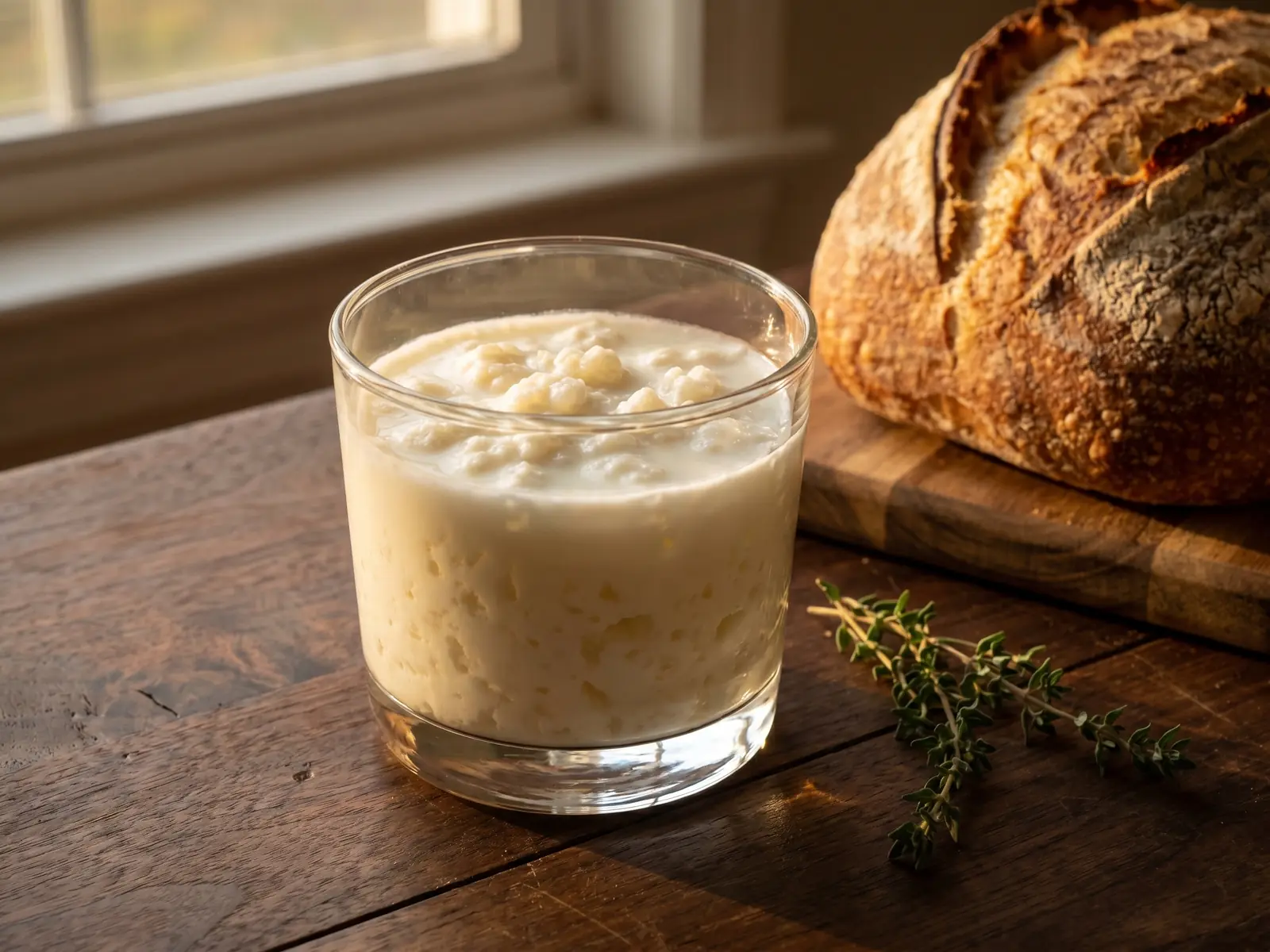 kefir gesund oder nicht Cremiger Milchkefir im niedrigen Glas auf dunklem Holz mit Brot, Thymian und warmem Licht.