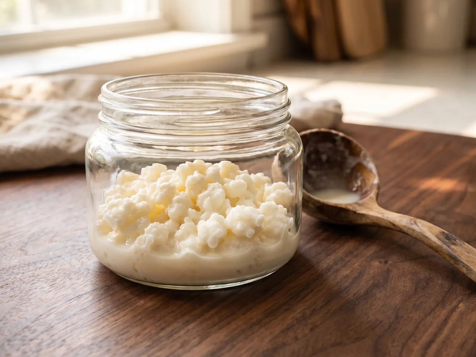 kefir geöffnet haltbar Geöffneter Milchkefir im Glas mit sichtbaren Kefirkörnern und Holzlöffel auf dunklem Nussbaumholz.