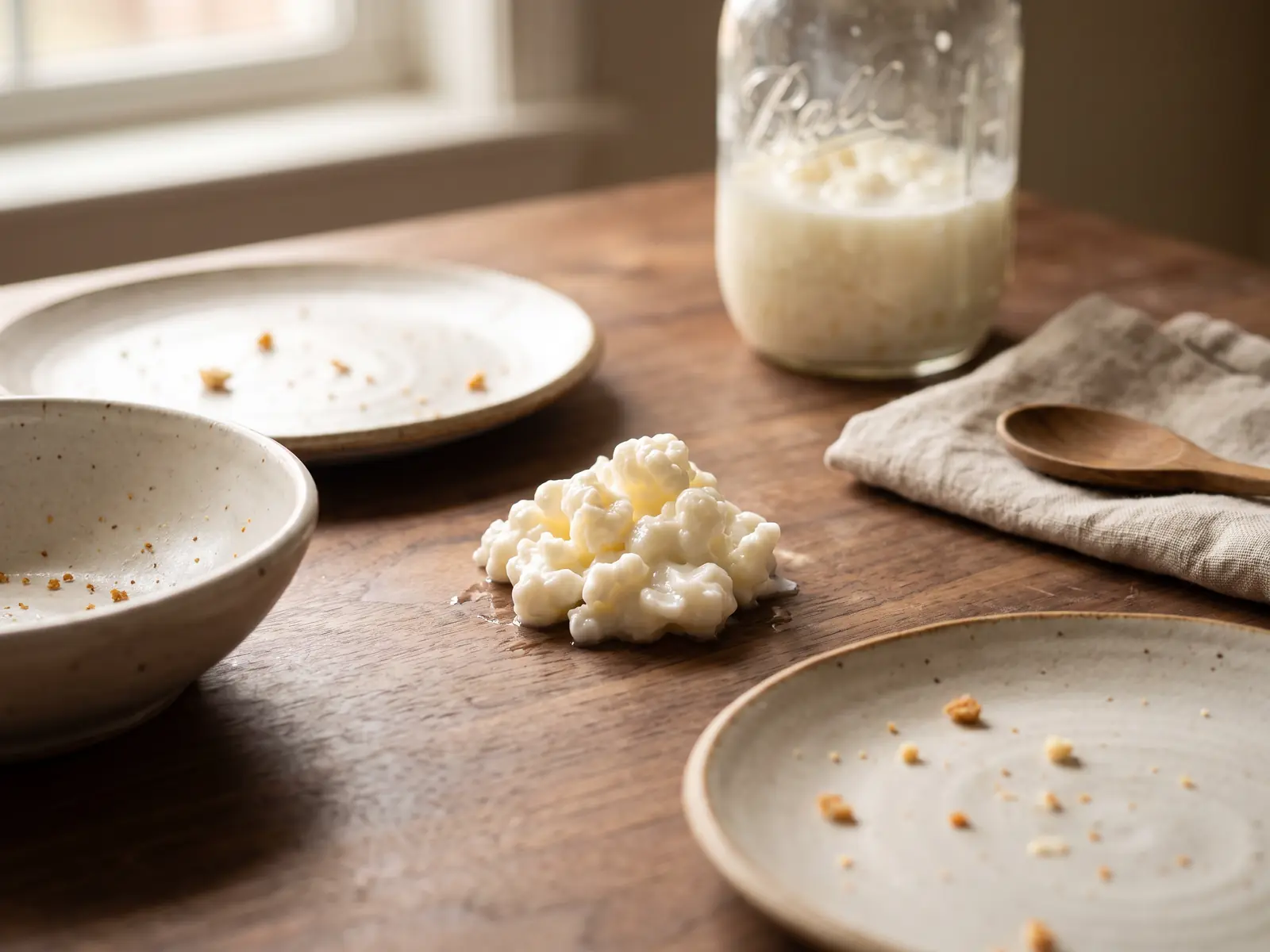 kefir h milch oder frischmilch Ruhige Szene auf einem Nussbaumtisch mit Keramiktellern und einem Glas mit Milchkefirknollen im Hintergrund