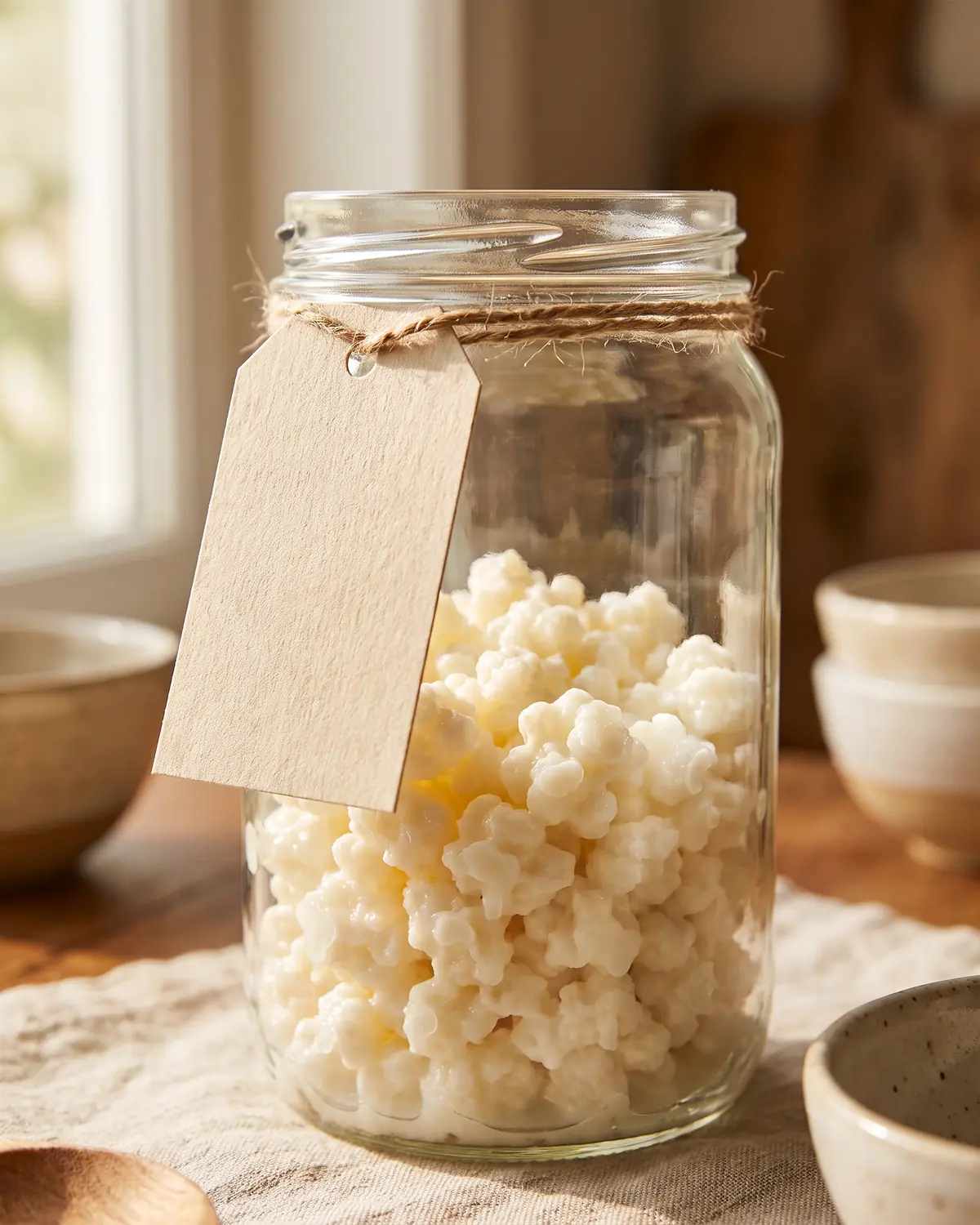 müller kefir testberichte Eine leere Papieretikette hängt am Glas mit Milchkefir, dahinter sind die Körner weich unscharf zu sehen.