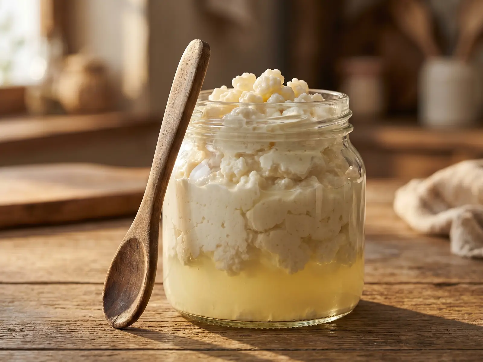 wie viel kefir am tag Reifer Milchkefir im Glas mit abgesetzter Molke, Holzlöffel und warmem seitlichem Nachmittagslicht.
