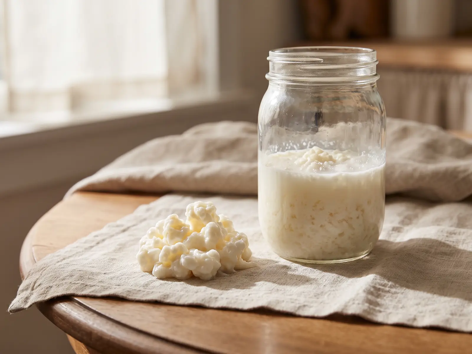 Glas mit fermentierendem Milchkefir und Kefirknollen auf rundem Tisch mit rohem Leinen im Mittagslicht