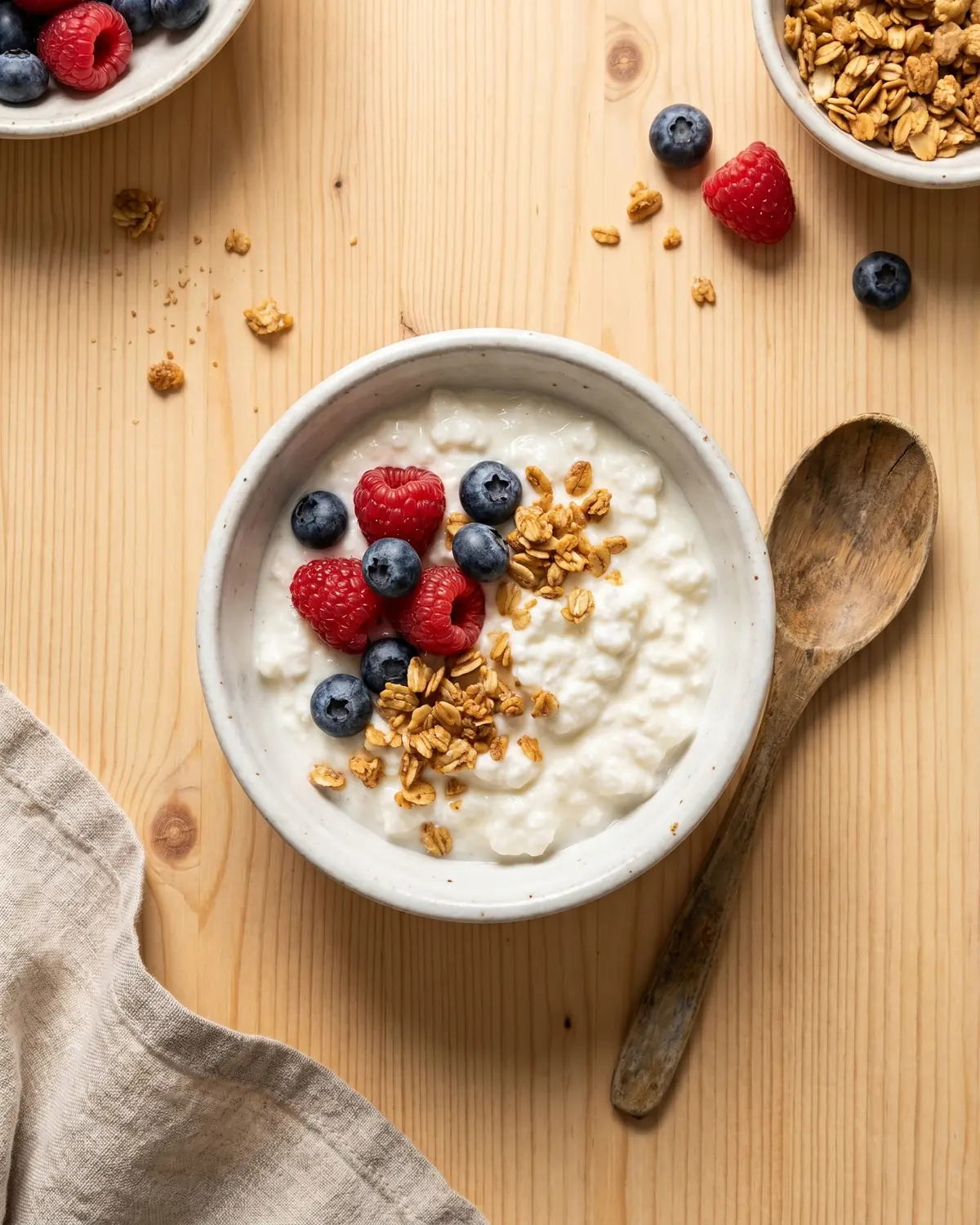 Eine Schale mit fertigem Milchkefir, roten Beeren, Granola und einem Holzl&ouml;ffel auf dem Tisch.