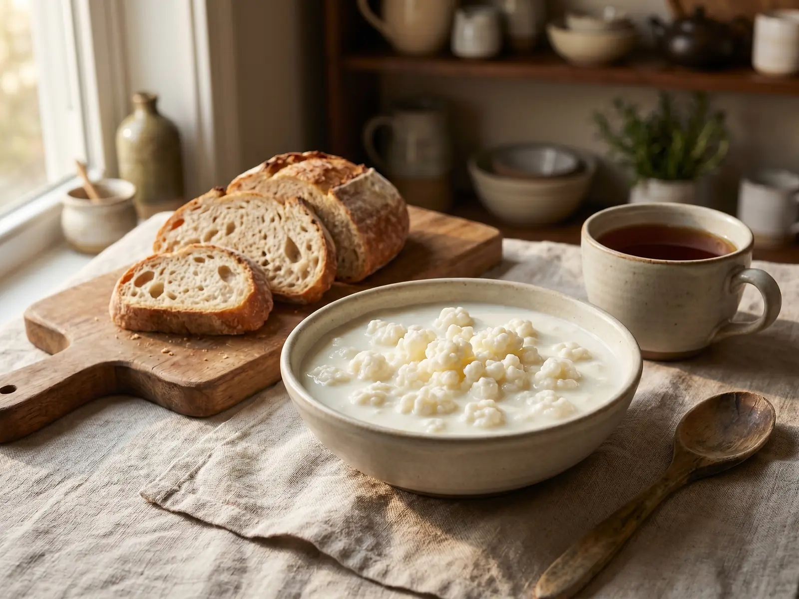 Milchkefir in einer Schale neben Teetasse, rustikalem Brot und Leinentuch auf einem ruhigen Fr&uuml;hst&uuml;ckstisch