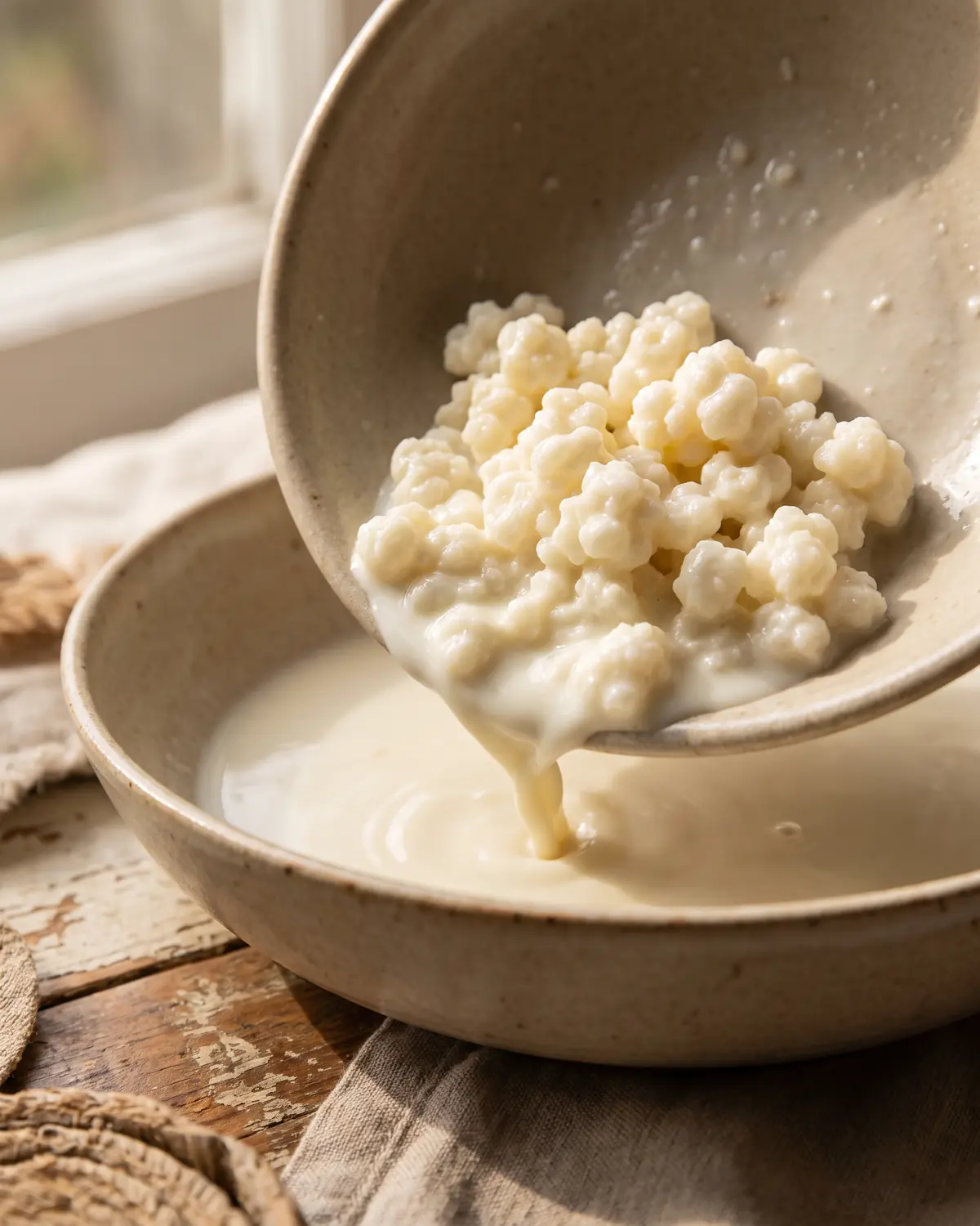 kefir zum backen Kefirknollen am Rand einer beigen Schale, während Milch langsam abtropft und die Struktur sichtbar bleibt