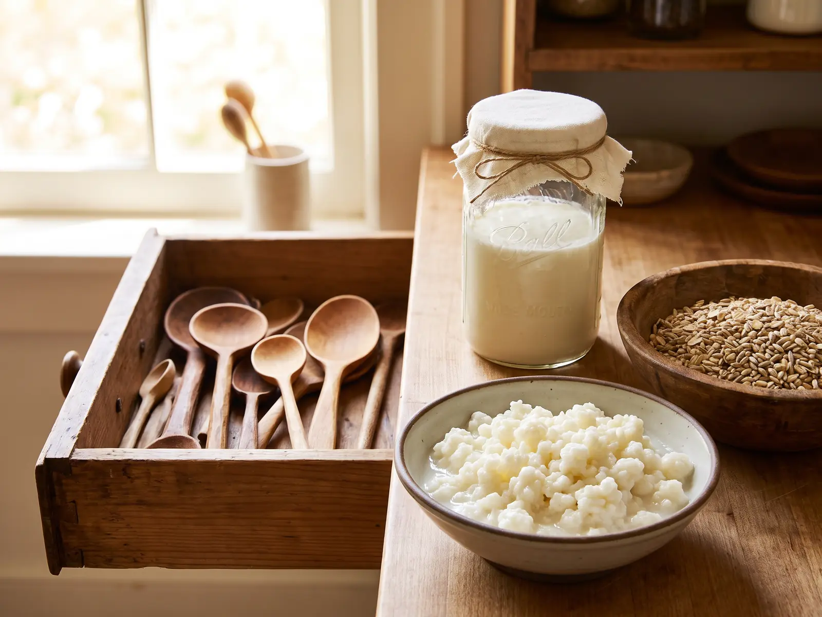 Ge&ouml;ffnete Schublade mit Holzl&ouml;ffeln, daneben ein Glas Milchkefir und Kefirk&ouml;rner in einer Schale.