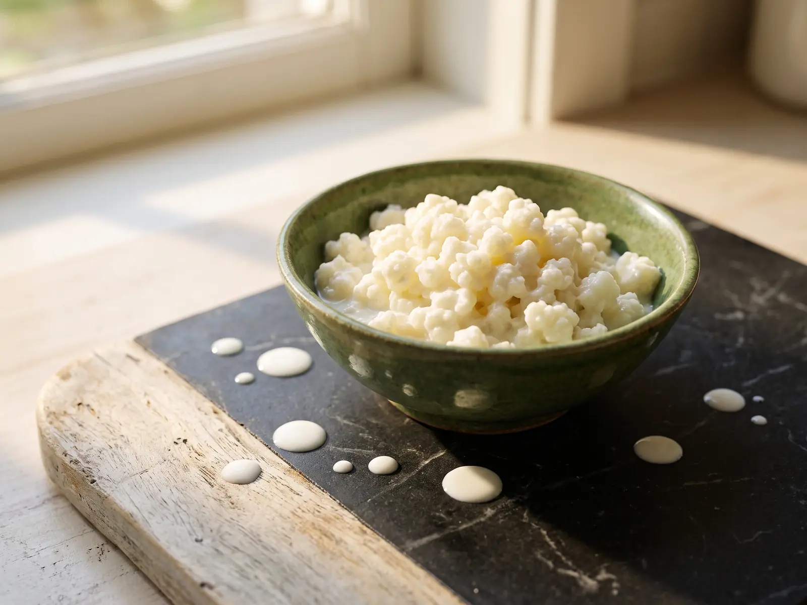 Milchkefir-Knollen in einer gr&uuml;nen Schale auf schwarzem Marmor mit Milchtropfen und hellem Holz