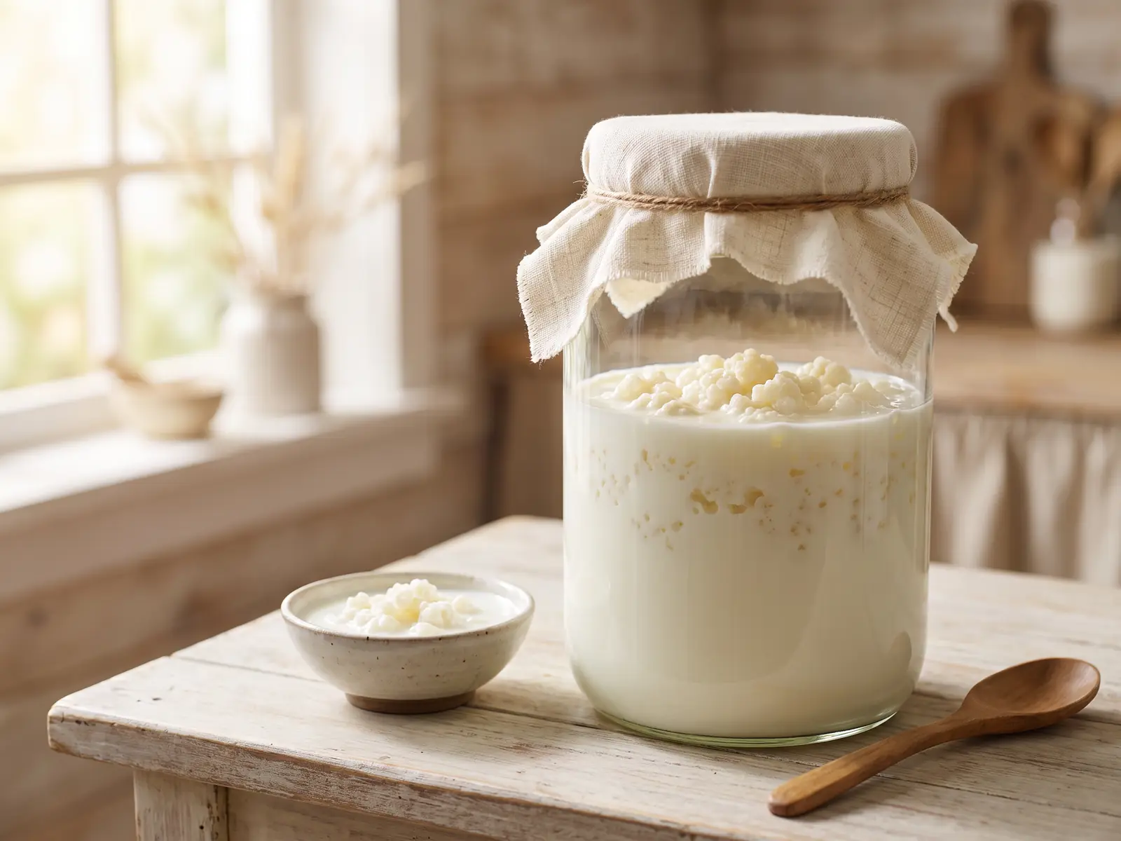 eiweiß kefir Seitlich fotografiertes Glas mit Milchkefirknöllchen und Trockenfrüchten auf einer Holzfläche.