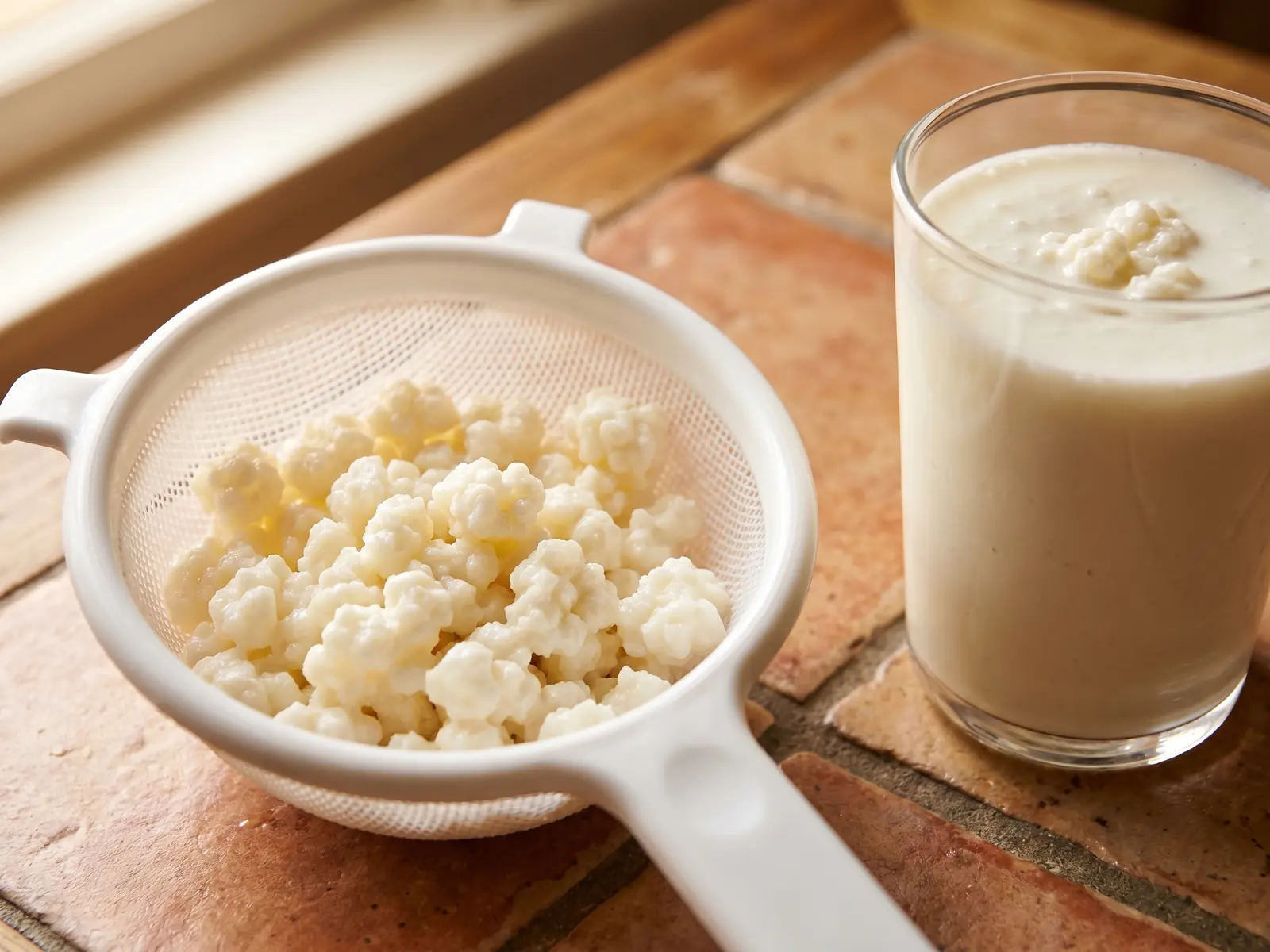 kefir und cholesterin Milchkefirknollen in einem weißen Sieb neben einem Glas fertigem Kefir auf hellen Fliesen.