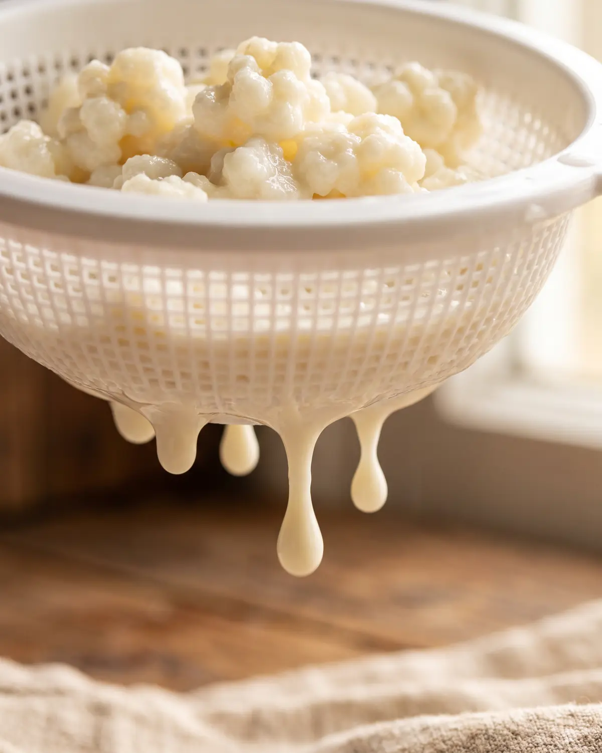 Dicke Milchkefir-Tropfen h&auml;ngen unter einem wei&szlig;en Sieb, w&auml;hrend Kefirk&ouml;rner oben unscharf zu sehen sind.
