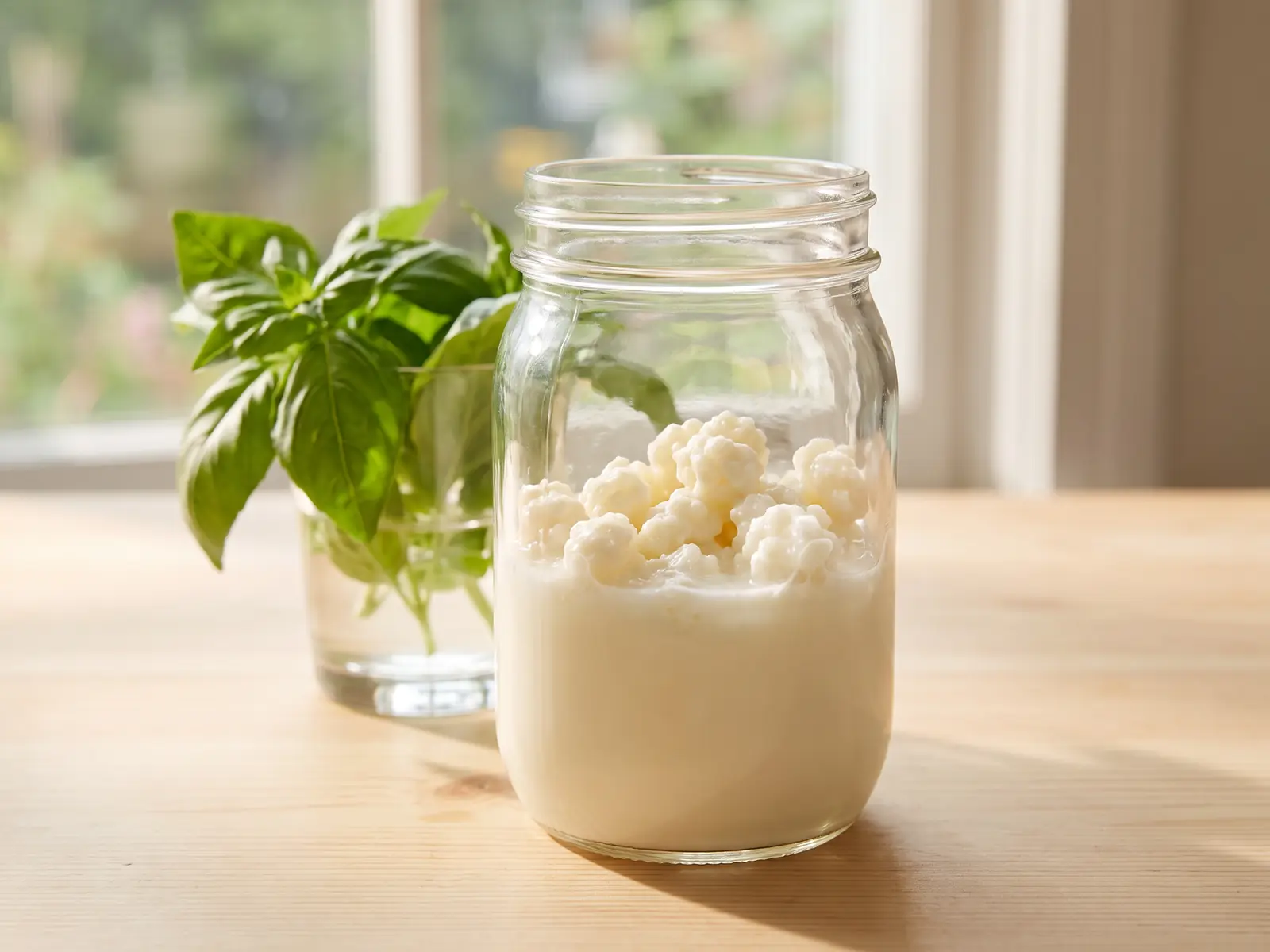 Glas mit fermentierendem Milchkefir, Kefirknollen, Basilikum und Pfirsichen auf hellem Holz am Fenster.