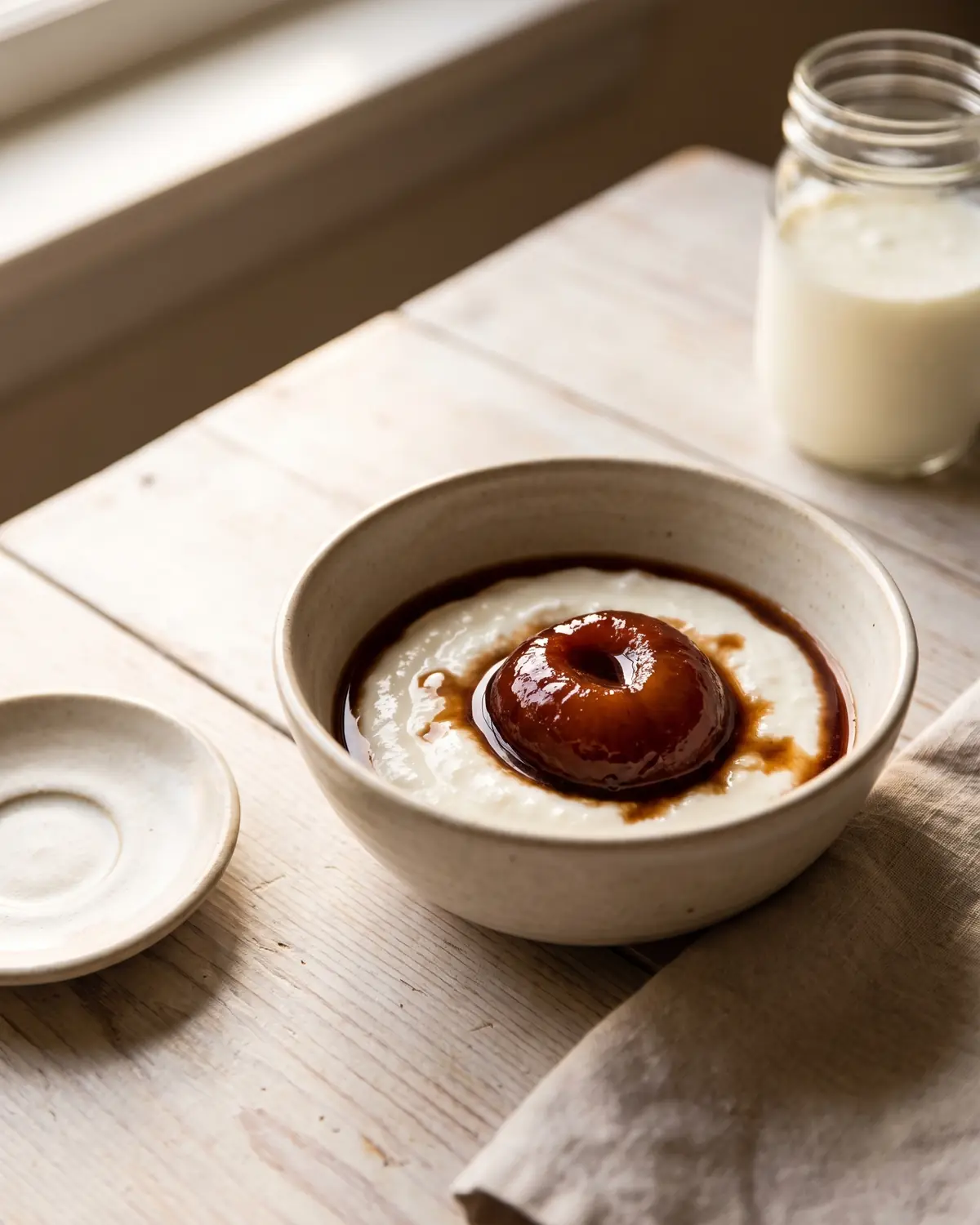 Sp&auml;ter Imbiss mit Milchkefir, pochiertem Pflaumenkompott und Keramikschale auf hellem Holz