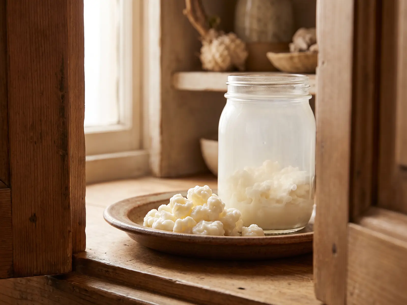 Ein Glas mit milchigem Kefir und sichtbaren Knollen steht im warmen Licht einer ge&ouml;ffneten Alacena.