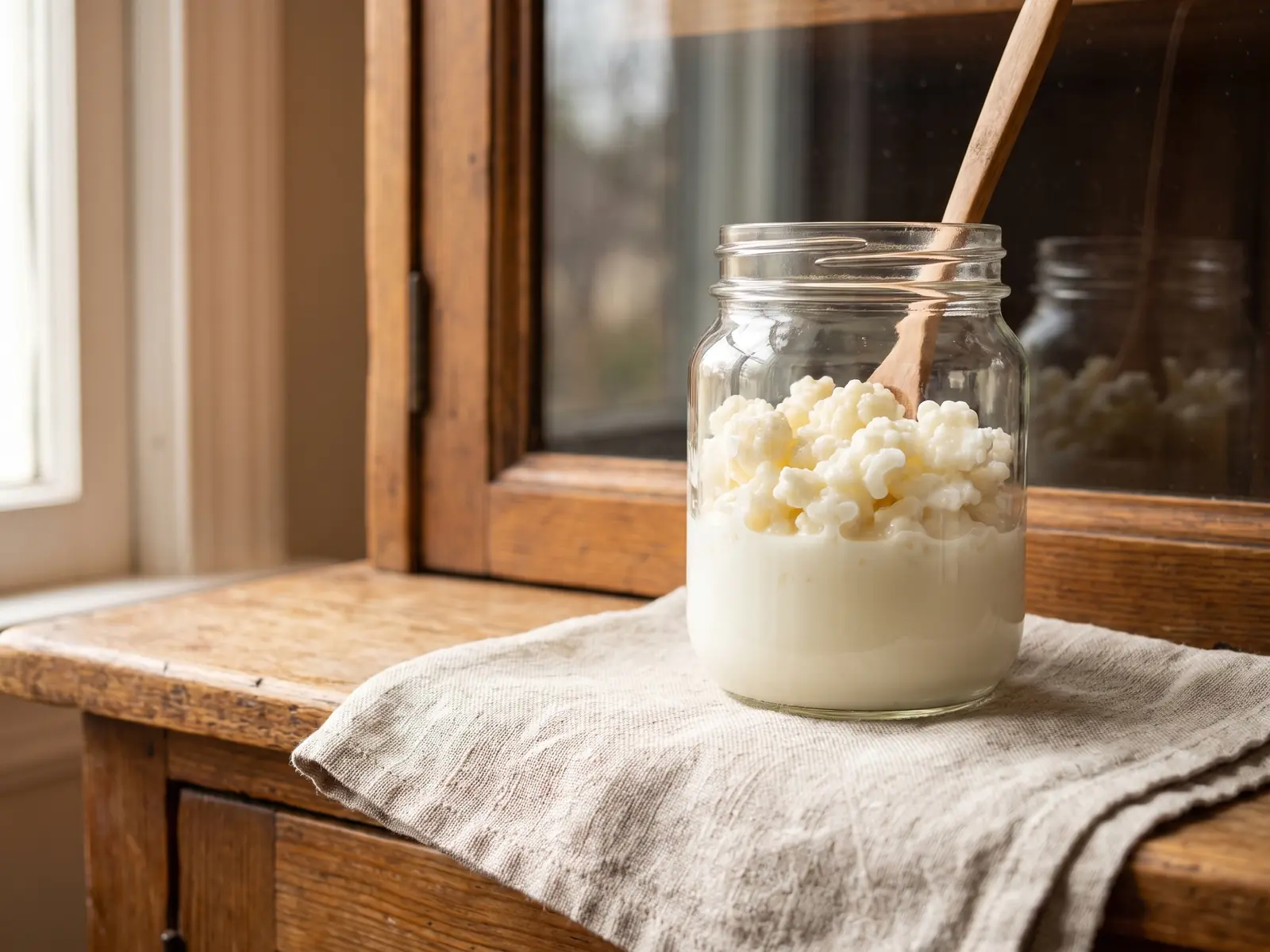 Glas mit Milchkefir und Kefirknollen auf rohem Leinen, gespiegelt in einer Vitrine aus Glas.