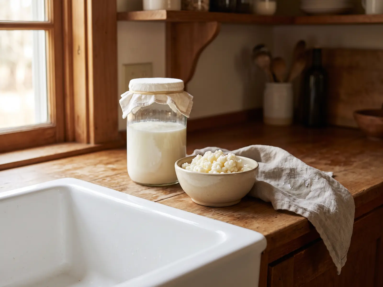 tibetische kefirpilze Milchkefir im Glas neben Kefirknollen in einer Schale auf einem hellen Keramikspülbecken.