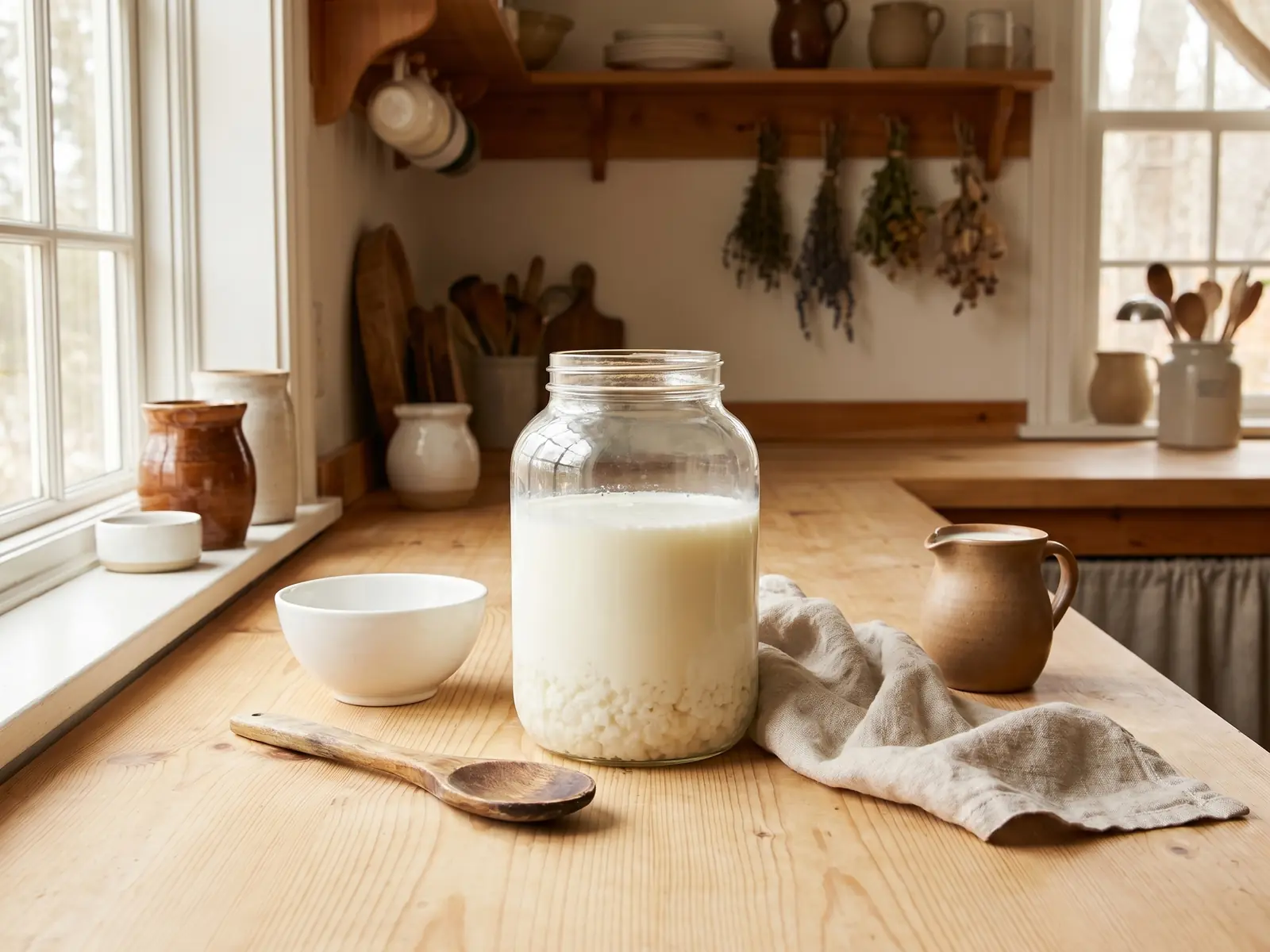 fermentierte lebensmittel Küchenstillleben mit Glas Kefir, Schüssel, Löffel und einer Kanne frischer Milch auf der Arbeitsfläche