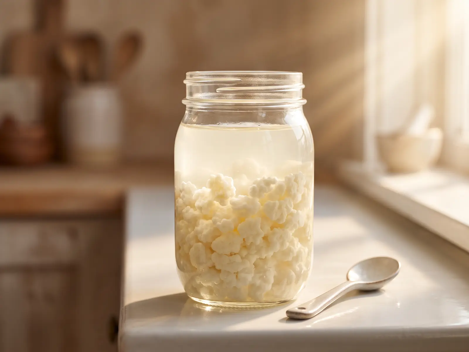 Hohes Glas mit Milchkefir und schwebenden Kefirknollen im Streiflicht einer hellen Fensterbank.