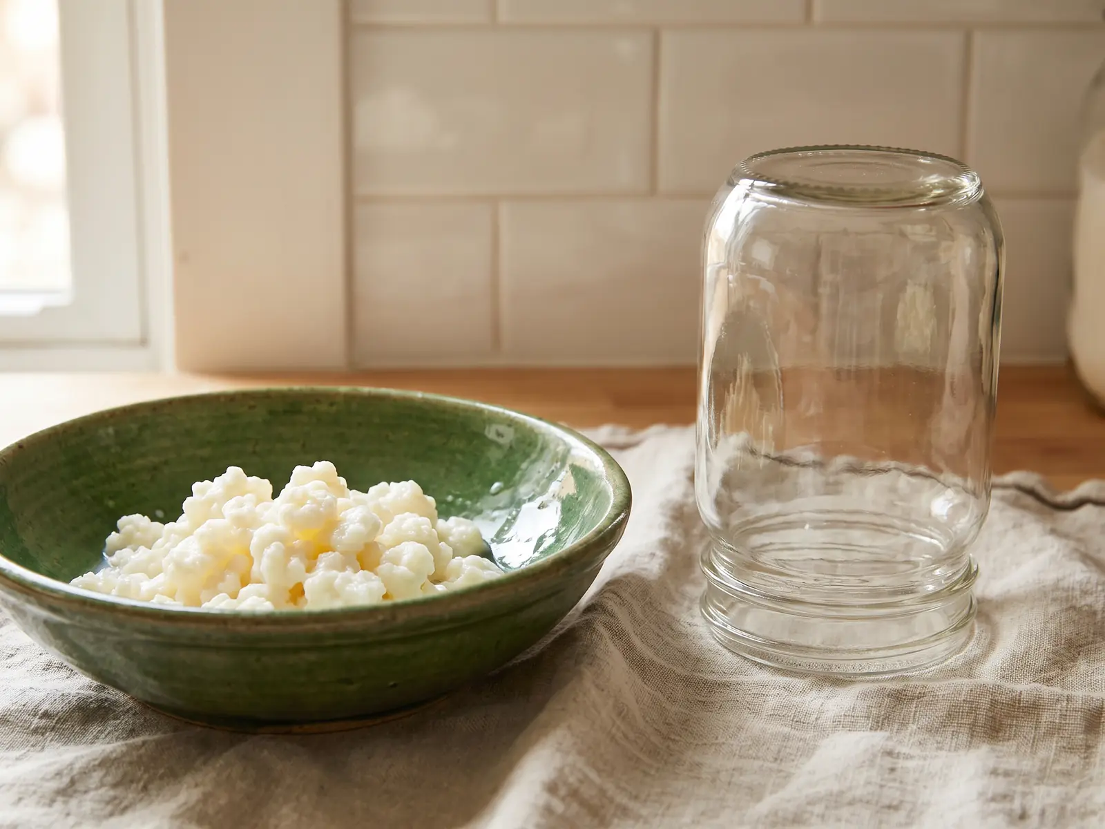 kefir norma Sauberes Glas trocknet neben einer grünen Schale mit Kefirknollen, Leinentuch und weißen Fliesen.
