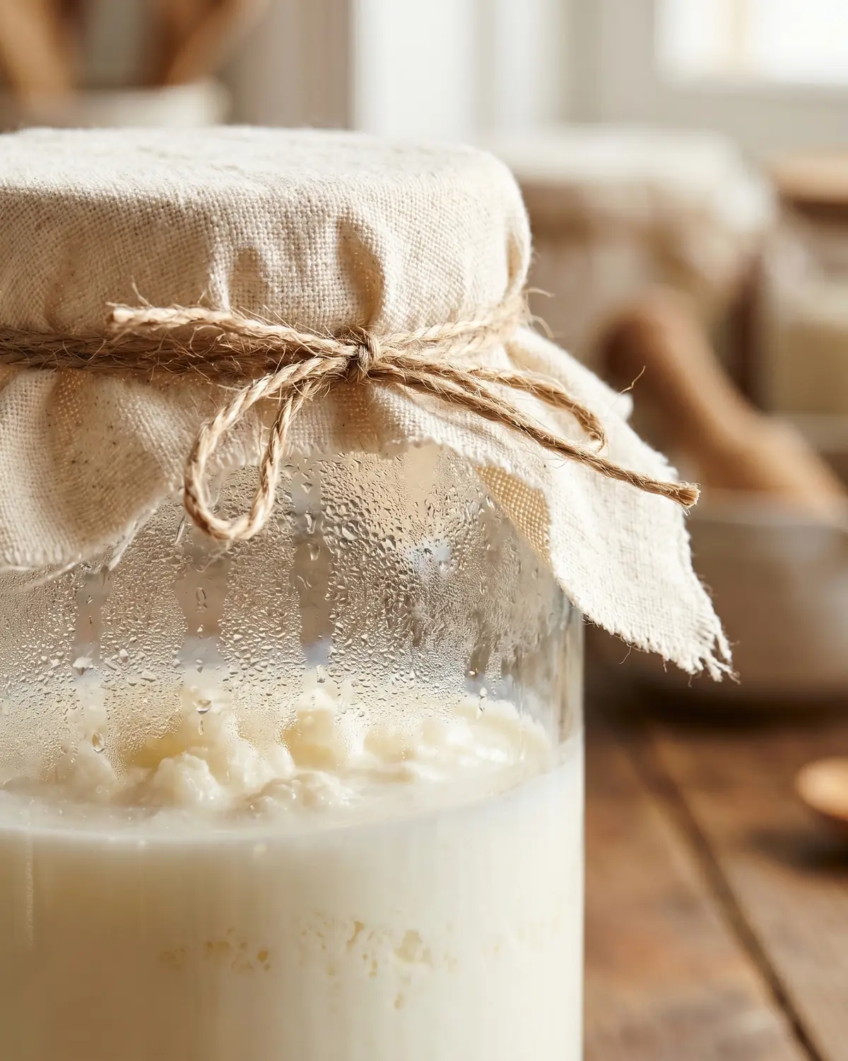 kefir inhaltsstoffe tabelle Ein Baumwolltuch ist um ein Glas mit weißer Milch gebunden, während der Kefir ruhig fermentiert.