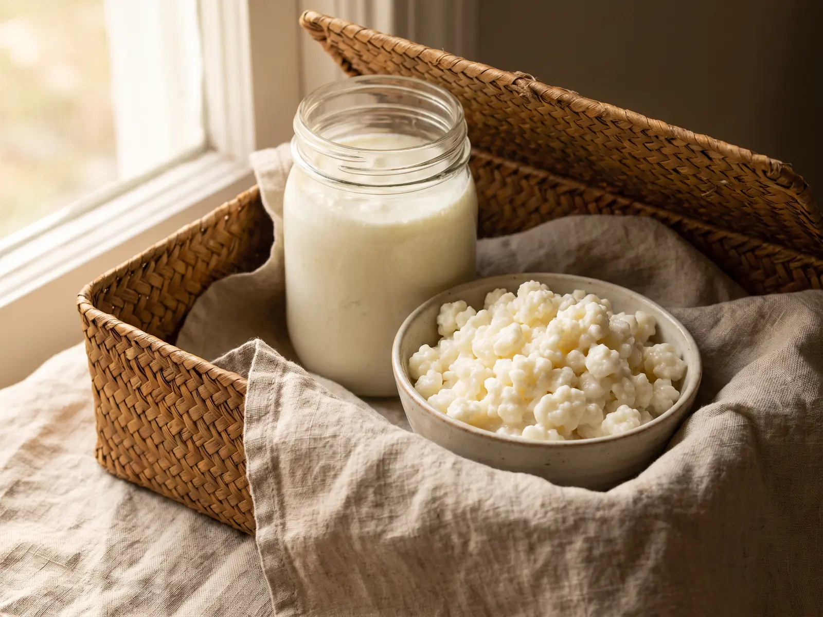 plombir kefir lidl Offene Korbtasche mit Milchkefir im Glas und Kefirknollen in einer Schale auf hellem Leinen