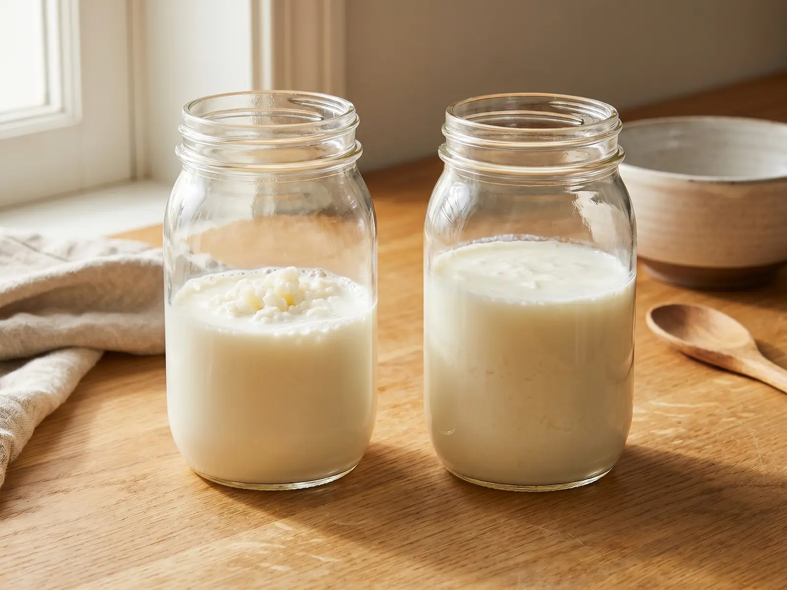 kefir für babys Zwei Gläser zeigen frische Milch mit Kefirknollen und fertig fermentierten Milchkefir im Vergleich.