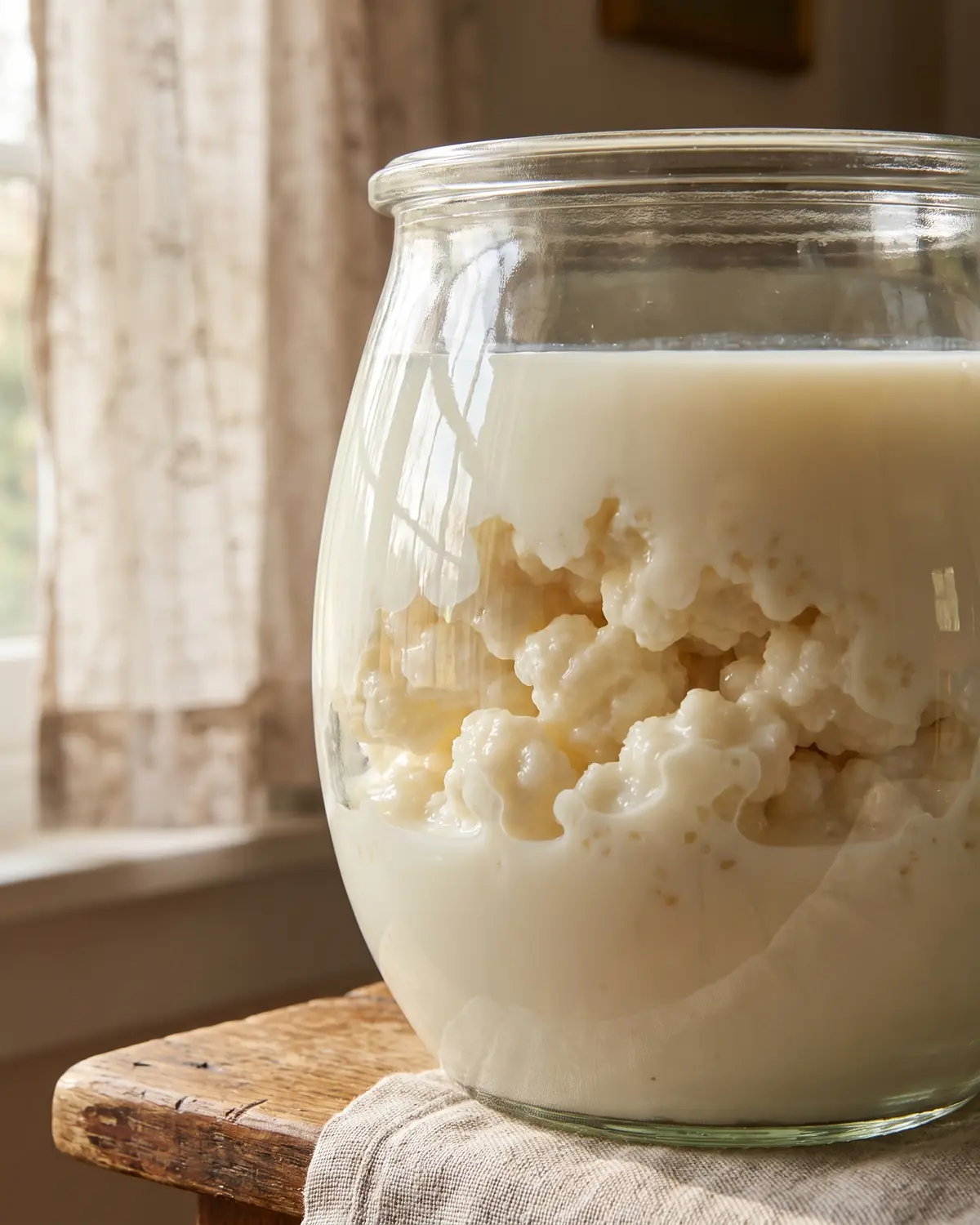 kefir gegen blähbauch Rundes Glas mit cremigem Milchkefir, sichtbaren Körnern und weicher Vorhangreflexion im gebogenen Glas