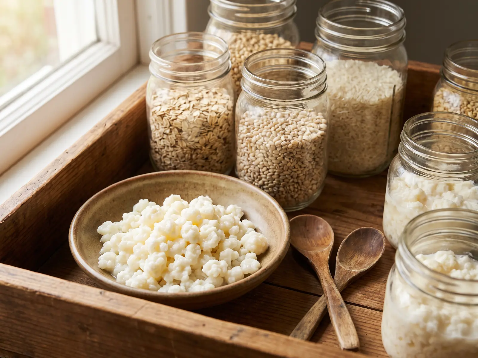 kefir zum backen Vorratskiste mit Gläsern, Kefirknollen in einer Schale und gekreuzten Holzlöffeln auf hellem Untergrund