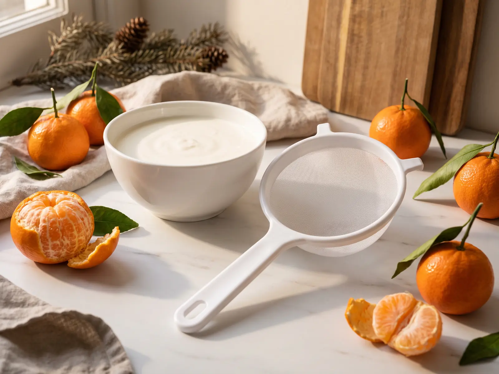 Winterliche Szene mit abgeseihtem Milchkefir, Clementinen und sauberem Sieb auf mattem Marmor.