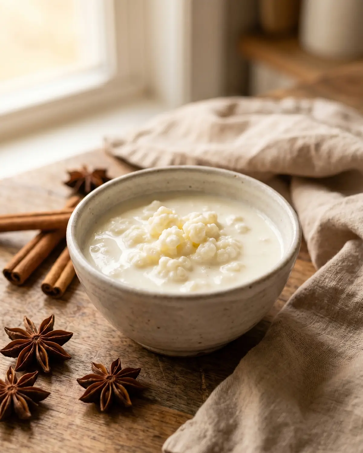 kefir von müller Kleines Schälchen mit natürlichem Milchkefir, umgeben von Sternanis und Zimt in winterlicher Stimmung.