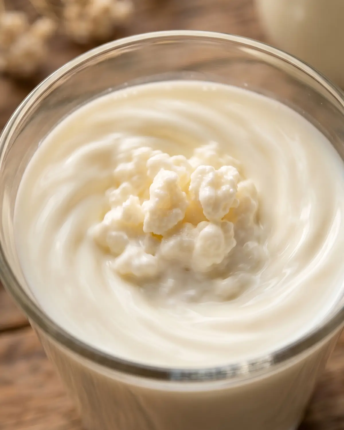 verstopfung durch kefir Unregelmäßige Kefirknollen wirbeln in frischer Milch und bilden im Glas einen weiß-cremigen Strudel