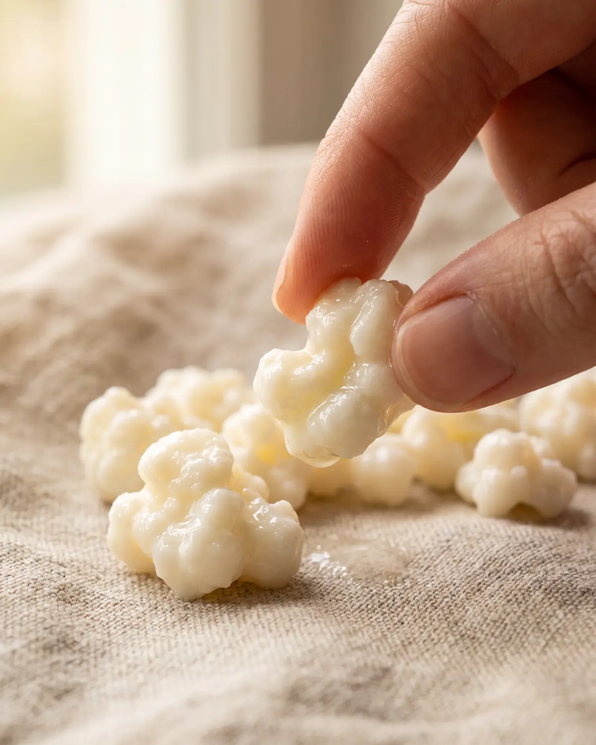 Zwei Finger halten ein gl&auml;nzendes Milchkefir-Korn mit blumenkohlartiger Struktur vor hellem Leinen.