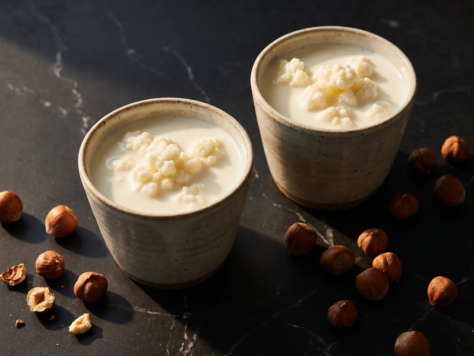 haferflocken mit kefir gesund Zwei Tassen Milchkefir auf schwarzem Marmor mit Haselnüssen und natürlichem Licht.