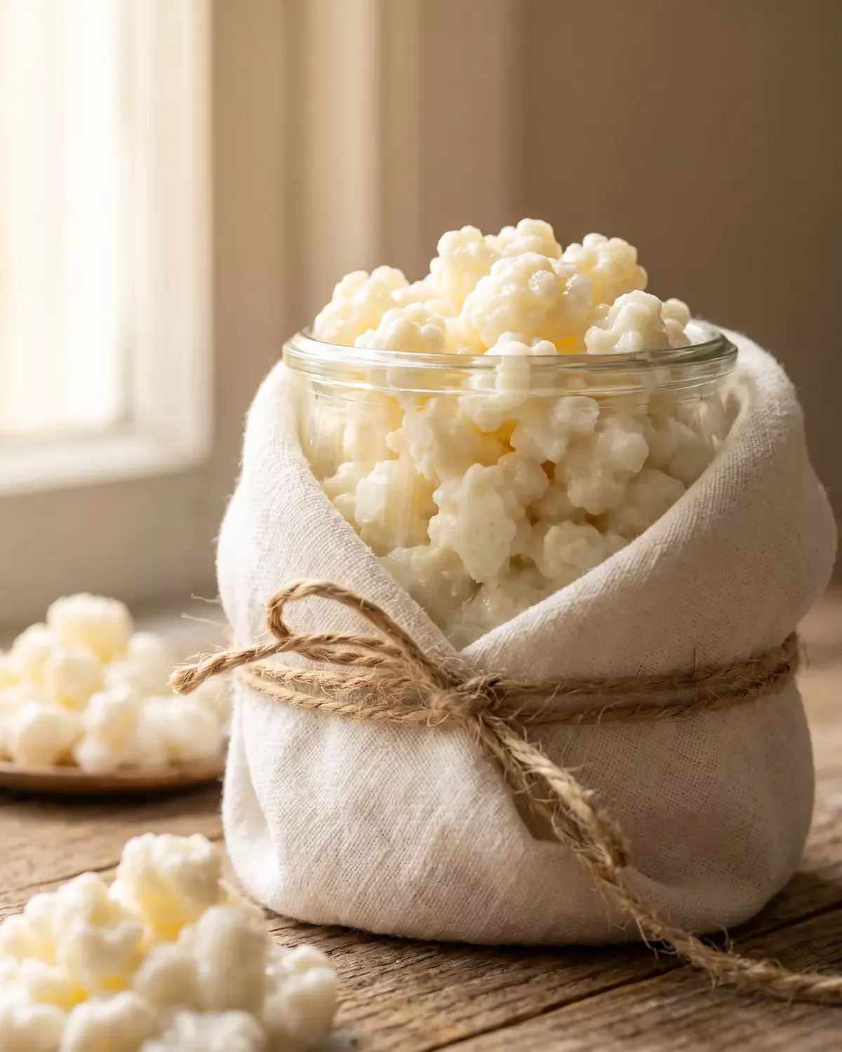 Geschenkglas mit Milchkefir zwischen Leinenfalten, nat&uuml;rlicher Kordel und weich unscharfen Kefirknollen.