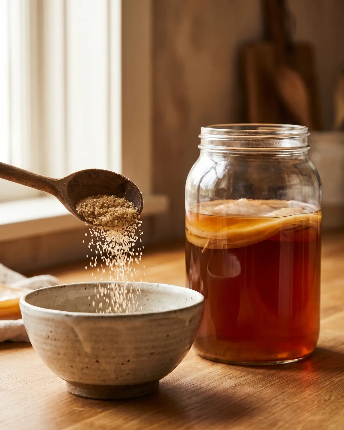 Eine Holzschaufel gibt Zucker in eine Keramikschale, daneben steht ein Kombucha-Glas mit SCOBY.
