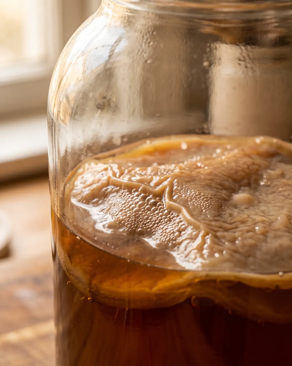 kombucha meme Nahaufnahme von feinen Bläschen unter einer SCOBY-Falte, warm beleuchtet während der Fermentation.