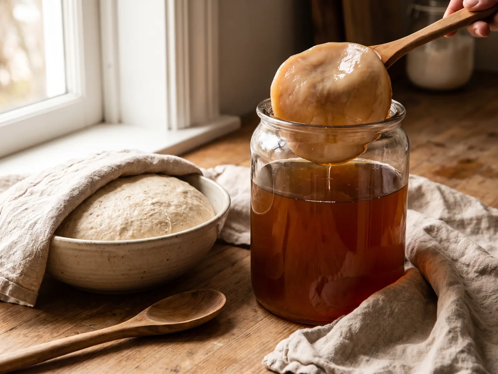 Glas mit beige-braunem SCOBY neben Brotteig, Holzl&ouml;ffel und Leinentuch auf einer Arbeitsfl&auml;che.