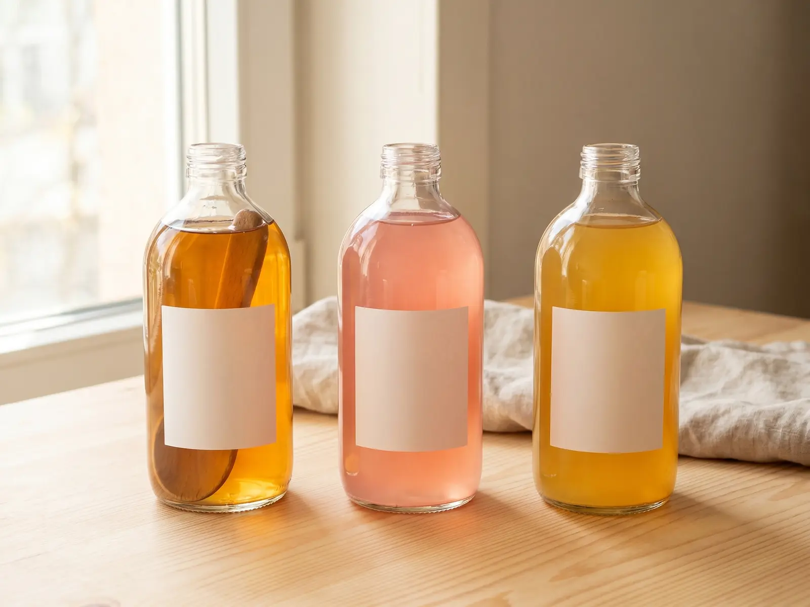 Drei Flaschen fertiger Kombucha in Bernstein, Rosa und Ingwerfarbe mit wei&szlig;en Etiketten auf hellem Hintergrund