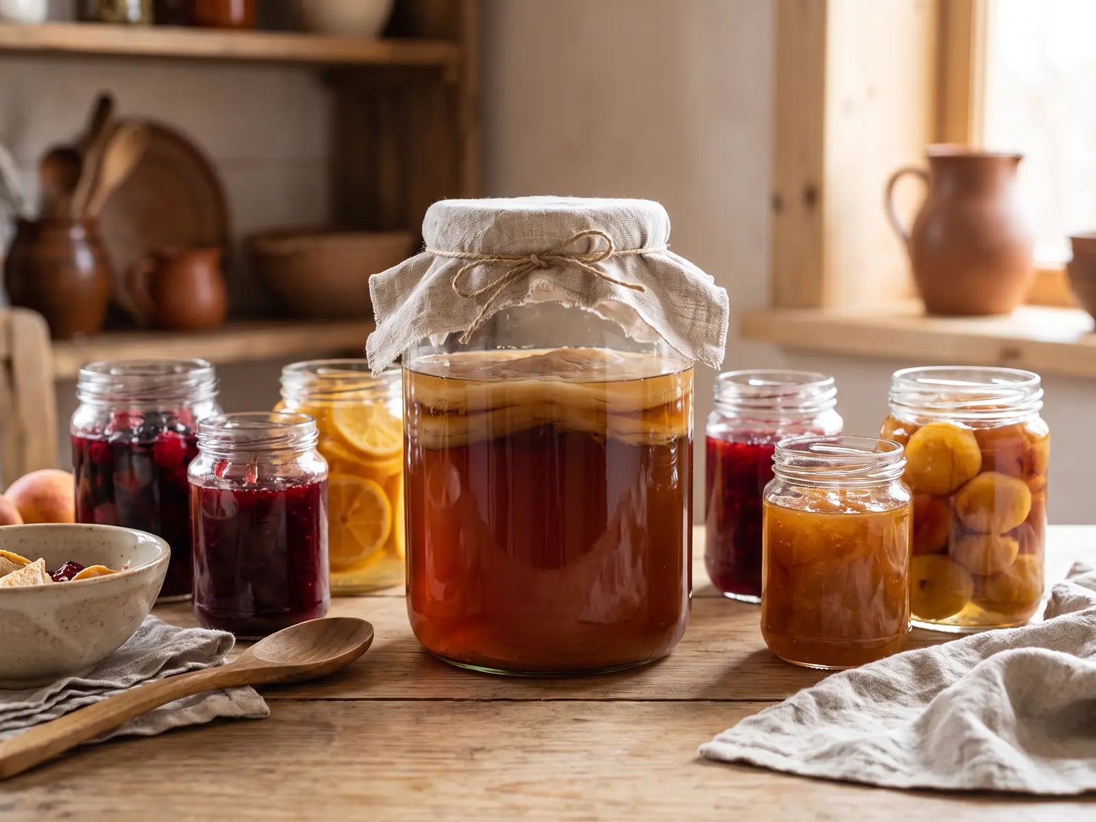 Einmachtisch mit Kombucha-Glas, beigebraunem SCOBY, Fruchtgl&auml;sern und Leinentuch.